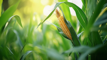 A vibrant yellow corn cob, partially covered by green husk, with visible silk, growing in a lush green cornfield.の素材