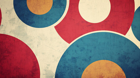 Abstract pattern featuring overlapping circles in red, blue, and yellow, with a textured, slightly distressed surface finish.の素材