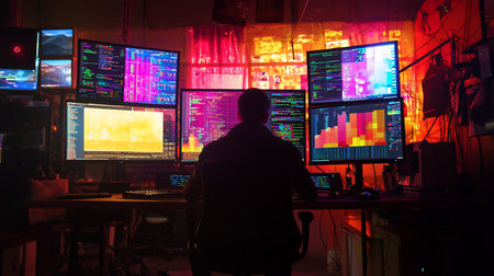 A person, viewed from the back, is seated at a desk surrounded by multiple computer monitors displaying code and data visualizations. The person is silhouetted.の素材