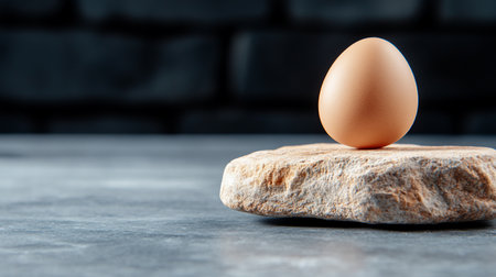 A single brown egg stands balanced on a rough, textured stone. The egg has a smooth surface. The stone is a light brown color.の素材