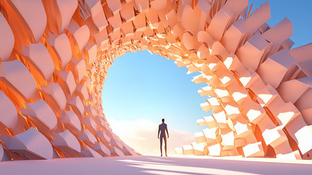 A silhouetted figure of a man walks towards the light within a large, abstract, architectural structure. The man is facing away.の素材