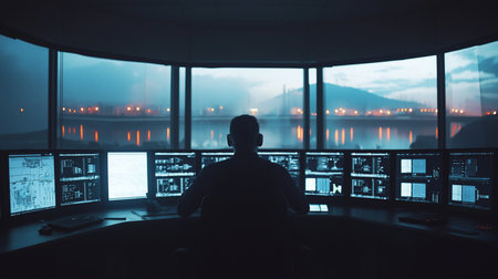Man silhouetted, seated at a desk with multiple computer screens displaying data, facing a large window overlooking a cityscape at dusk.の素材