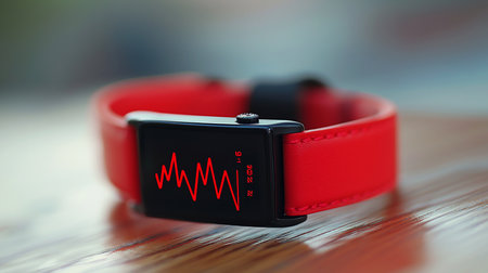 Modern digital watch with a vibrant red leather strap and sleek black rectangular face. It displays a bright red ECG heartbeat waveform and numbers.の素材