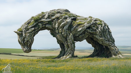 A horse sculpture made of layered stones and moss, standing in a field of green grass and yellow flowers.の素材