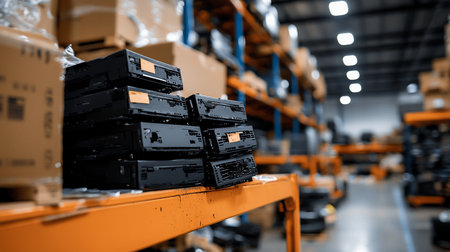 A stack of black car stereos with orange labels is placed on an orange shelf in a warehouse setting.の素材