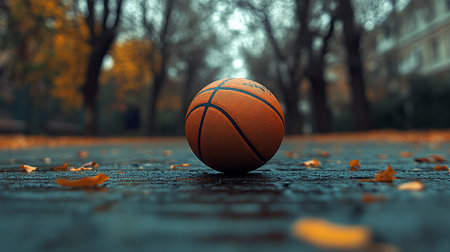 A textured orange basketball with black lines, resting on a wet surface. The ball has a classic design and is well-lit.の素材