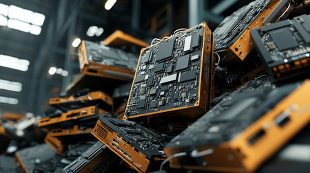 Close-up of circuit boards with black components and gold frames. The boards are stacked, showcasing intricate electronic components and wiring.の素材