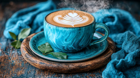 A hot, steaming cappuccino with delicate heart-shaped latte art, served in a vibrant turquoise marbled ceramic cup and saucer.の素材