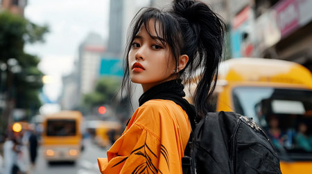 A woman with black ponytail, wearing an orange top and black turtleneck, looks over her shoulder in a city street.の素材
