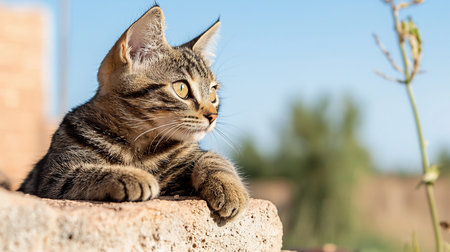 A young tabby kitten with golden eyes rests its paws on a brick surface, gazing intently towards the right. The kitten has a striped coat and alert expression.の素材