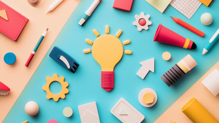 A bright yellow lightbulb with radiating rays and a red textured base, resting on a blue surface, stylized and geometric.の素材