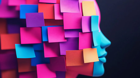 Abstract human head profile covered in vibrant, colorful sticky notes, creating a textured and conceptual representation of thoughts and ideas.の素材