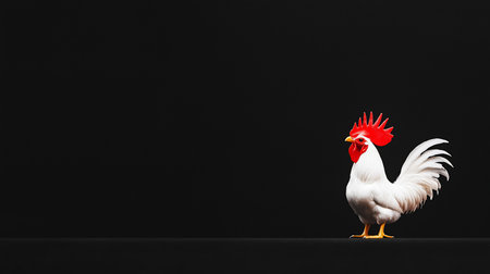 A pristine white rooster stands in profile, showcasing its vibrant red comb and wattle, yellow beak, and fluffy tail feathers.の素材