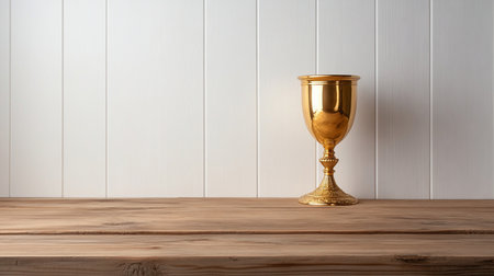 A single golden goblet with a smooth, polished bowl and an intricately carved, decorative stem and base. The metal is highly reflective and lustrous.の素材