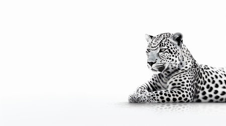 A majestic leopard in a relaxed pose, lying down with paws crossed. This monochrome image emphasizes the intricate pattern of its spotted coat and its piercing eyes.の素材