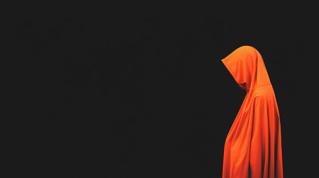 An orange hooded figure is depicted in profile against a dark background. The fabric drapes, suggesting a cloak or robe. The pose is contemplative.の素材