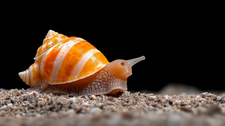 A close-up of a snail with an orange and white striped shell, textured body, and extended antennae. The snail is crawling on a sandy surface.の素材