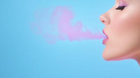 Close-up profile of a woman exhaling pink smoke, featuring pink eyeshadow, long eyelashes, and glossy pink lips.の素材