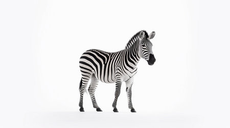 A zebra stands facing right, showcasing its distinctive black and white striped coat. The animal has a black mane, ears, and muzzle, with a muscular build.の素材