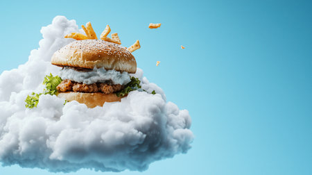A burger rests on fluffy white clouds, topped with crispy snacks, fresh lettuce, and a generous layer of creamy white sauce.の素材