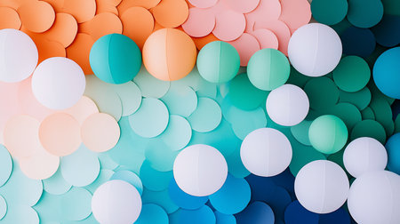 Overlapping flat paper circles and smooth 3D spheres create a vibrant, textured gradient from orange to blue.の素材