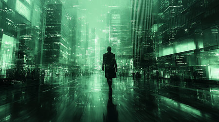 A dark silhouette of a person in a coat walking away, with a reflection on the ground, in a futuristic, green-toned city environment.の素材