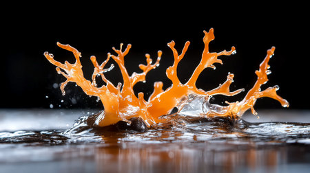 A high-speed photograph captures vibrant orange liquid splashing upwards, forming a complex, branching, crown-like structure with numerous tiny droplets.の素材