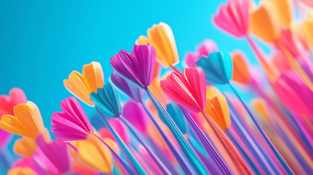 A collection of stylized tulip flowers in various bright colors, with smooth, glossy textures and elongated stems. The flowers are arranged in a dynamic, upward-sweeping composition.の素材
