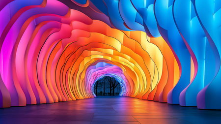 A long, curving tunnel made of glowing, wavy panels in a vibrant gradient of pink, orange, yellow, and blue hues, creating an immersive light experience.の素材