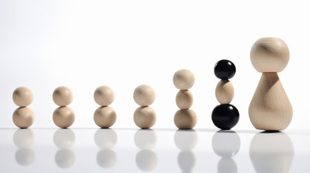 A series of wooden figures, increasing in height, with the tallest figure resembling a leader, and one figure featuring black spheres.の素材