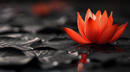 A single, glowing red-orange lotus flower in bloom, its delicate, veined petals resting on dark, wet lily pads adorned with glistening water droplets.の素材