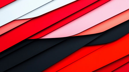A layered composition featuring curved paper strips in various shades of red, pink, and black. The paper has a textured surface.の素材
