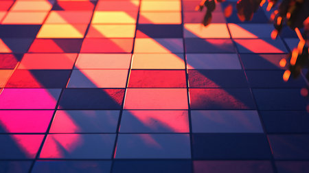 Close-up of a tiled surface with a geometric pattern. The tiles are arranged in a grid, with varying shades of red, pink, orange, and blue. Shadows create depth.の素材