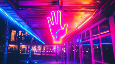 A neon sign of a hand making the Vulcan salute, glowing with bright pink and outlined in yellow, with a blue accent on the palm.の素材