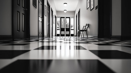A glossy black and white checkerboard floor reflects light in a hallway with doors and a chair, creating a striking geometric pattern.の素材