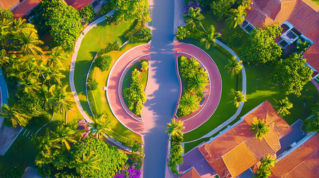 Bird's-eye view showcases circular driveways filled with greenery, surrounded by lush tropical vegetation and buildings with terracotta roofs.の素材