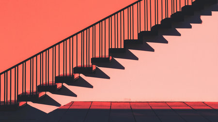 A staircase ascends diagonally, featuring dark steps and a black railing against a red-toned wall, casting strong shadows.の素材
