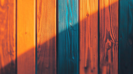 Close-up of vertical wooden planks with orange and blue hues, showcasing wood grain and shadow play.の素材
