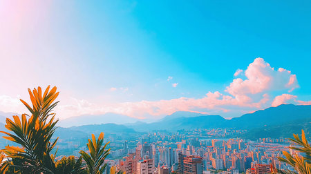 A sprawling cityscape with numerous buildings, framed by distant mountains and a vibrant blue sky with soft, pink-tinged clouds.の素材