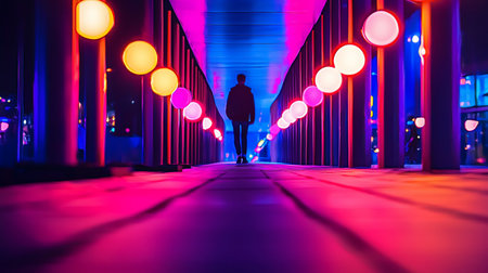 From a low-angle perspective, a silhouetted person walks away down a long corridor flanked by pillars and glowing orbs, bathed in vibrant pink, purple, and blue neon light.の素材