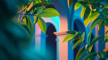 Vibrant green leaves on slender branches, displaying lush texture and illuminated by warm golden sunlight. Fresh foliage with bright highlights.の素材