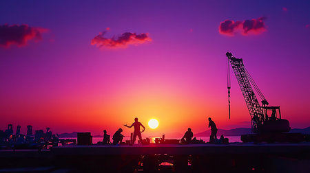 Silhouetted figures of construction workers and a crane are visible against a vibrant sunset backdrop, creating an industrial landscape.の素材
