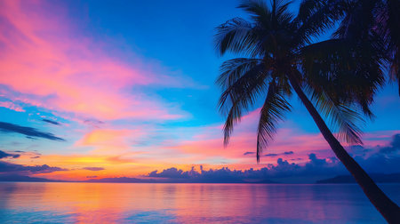 Dark palm tree silhouette with feathery fronds, leaning slightly, against a colorful sky with pink, orange, yellow, and blue hues.の素材