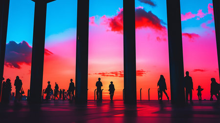 Silhouetted figures stand on a reflective surface, framed by dark columns, observing a vibrant sunset with pink, red, and blue hues.の素材