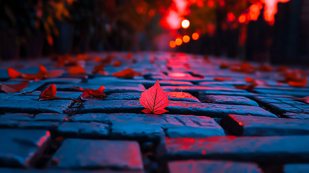 A vibrant red leaf rests on a blue cobblestone surface, showcasing intricate veins and a delicate texture. The leaf is the focal point.の素材