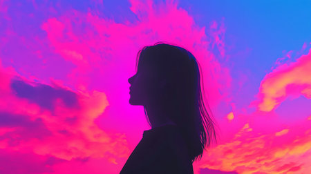 Dark silhouette of a woman with long hair, facing left, against a vibrant pink, purple, and blue sky background.の素材