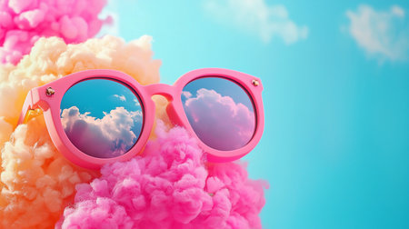 Pink sunglasses with round frames, reflecting a blue sky with fluffy white clouds. The glasses are set against a backdrop of colorful, fluffy textures.の素材