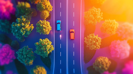 Aerial shot of a blue and orange car driving on a road with white lines, surrounded by green and yellow trees.の素材