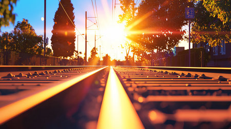 Parallel steel railway tracks seen from a low angle, glowing with the warm, golden light of a vibrant sunset.の素材