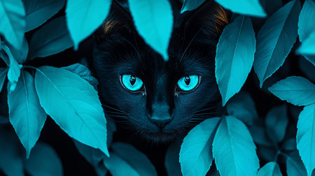 A black cat's face, framed by leaves, with striking turquoise eyes. The cat's fur is dark and sleek, with visible whiskers.の素材
